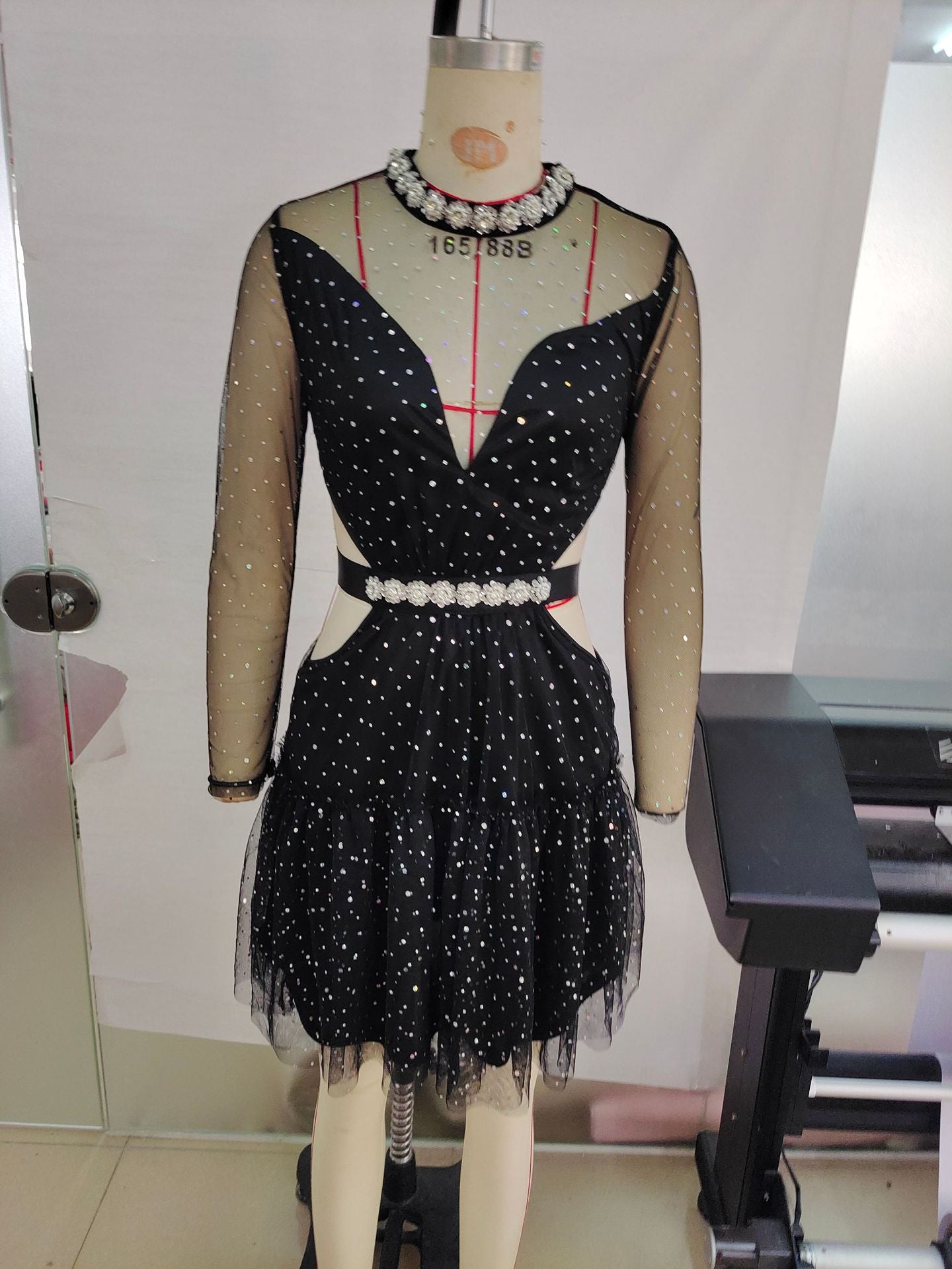 Fashion Sexy Polka Dot Rhinestone Black Sexy Mesh Slim Waist Party Dress 4