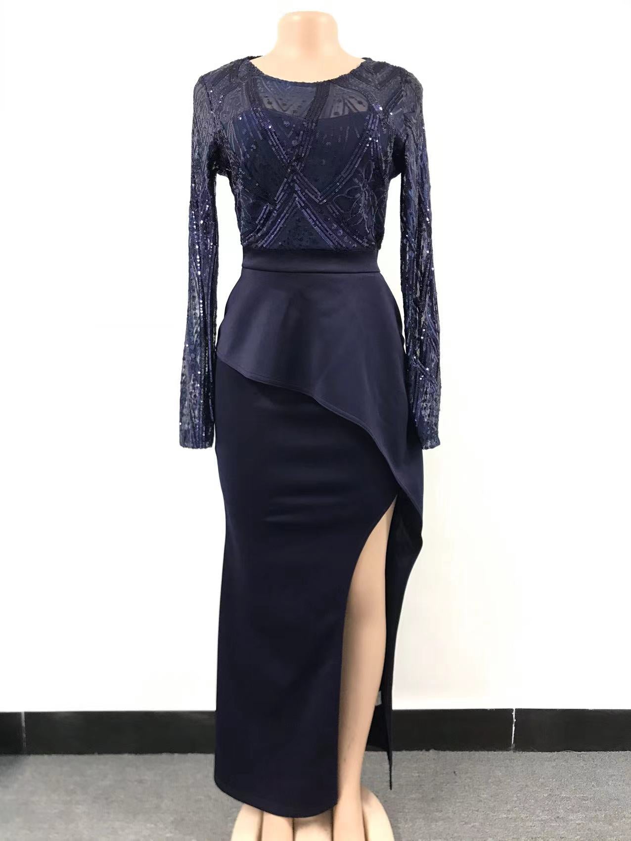 Women Elegant Long Sleeves Sequins Slit Evening Dress 15