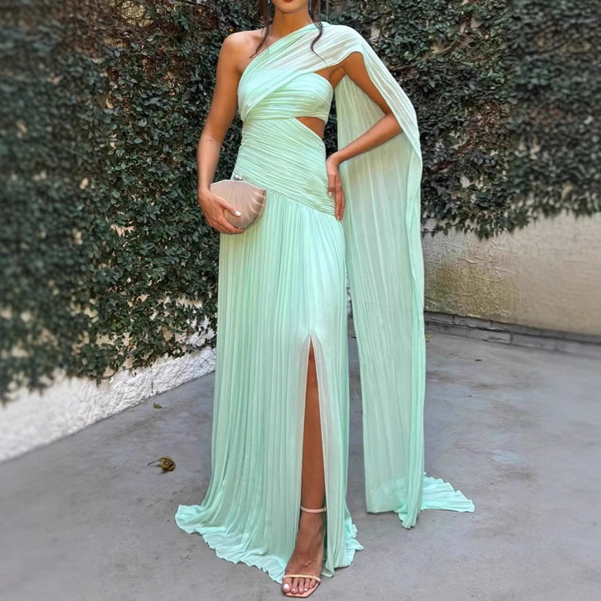 Women Strapless Pleated Ribbon Slit Dress 9