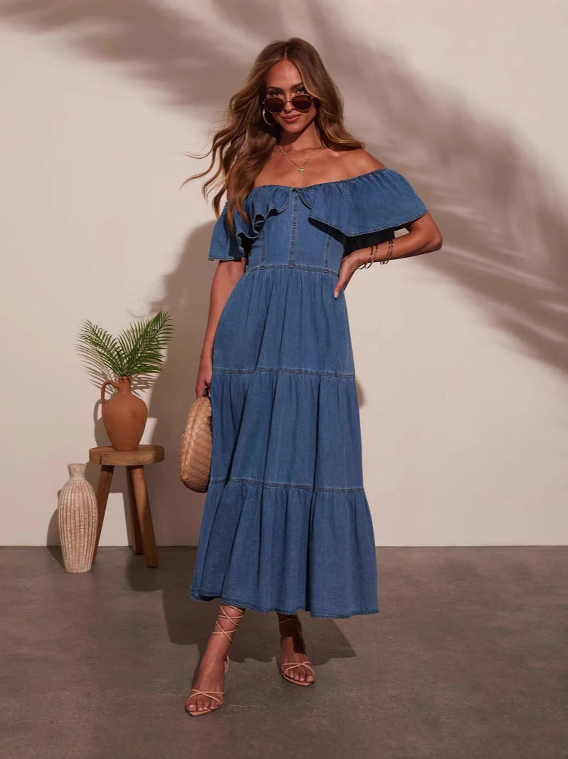 Women Round Neck Ruffle Denim Dress 5