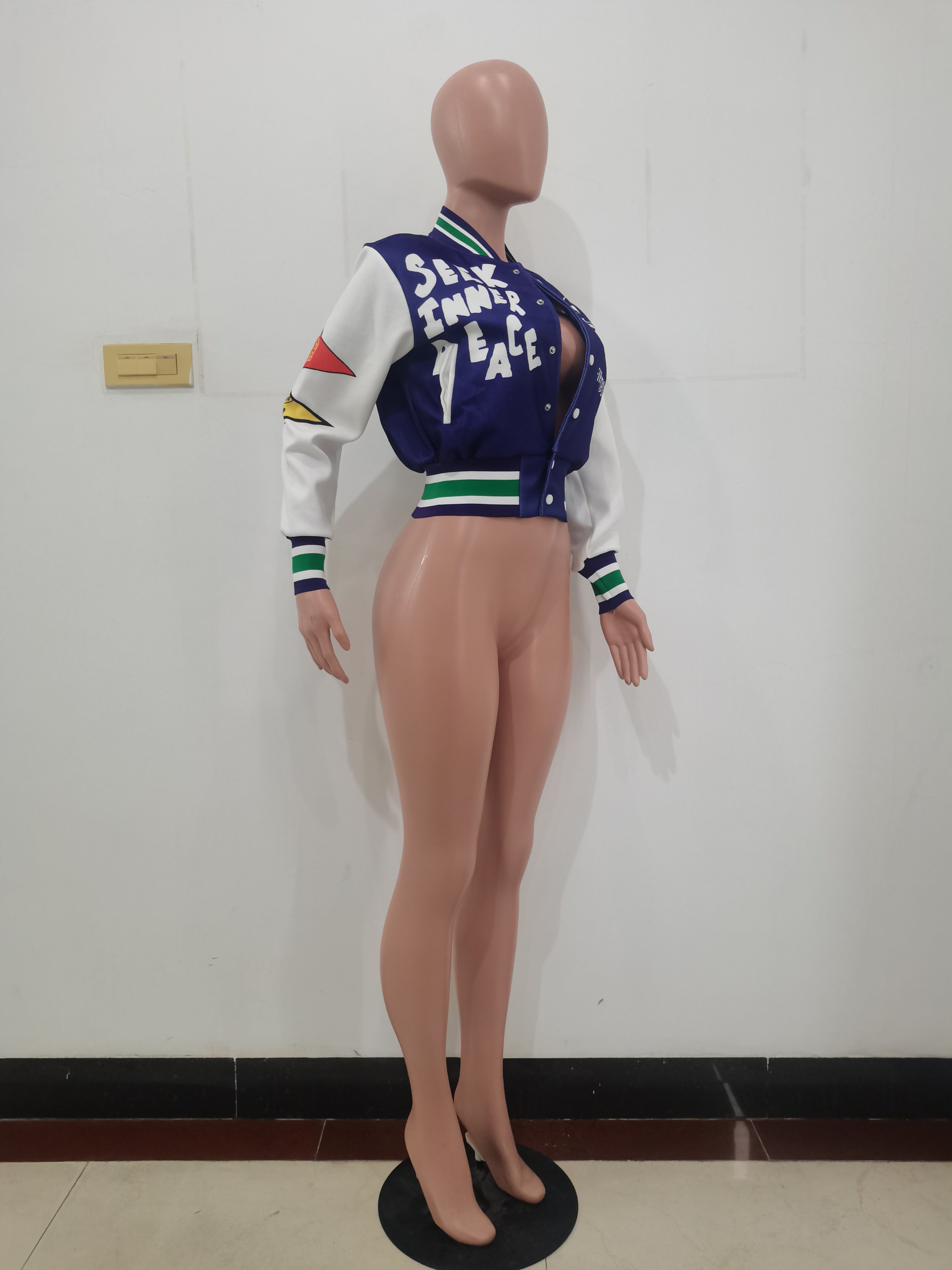 Positioning Print Ribbed Fashion Women's Top Baseball Jacket 29