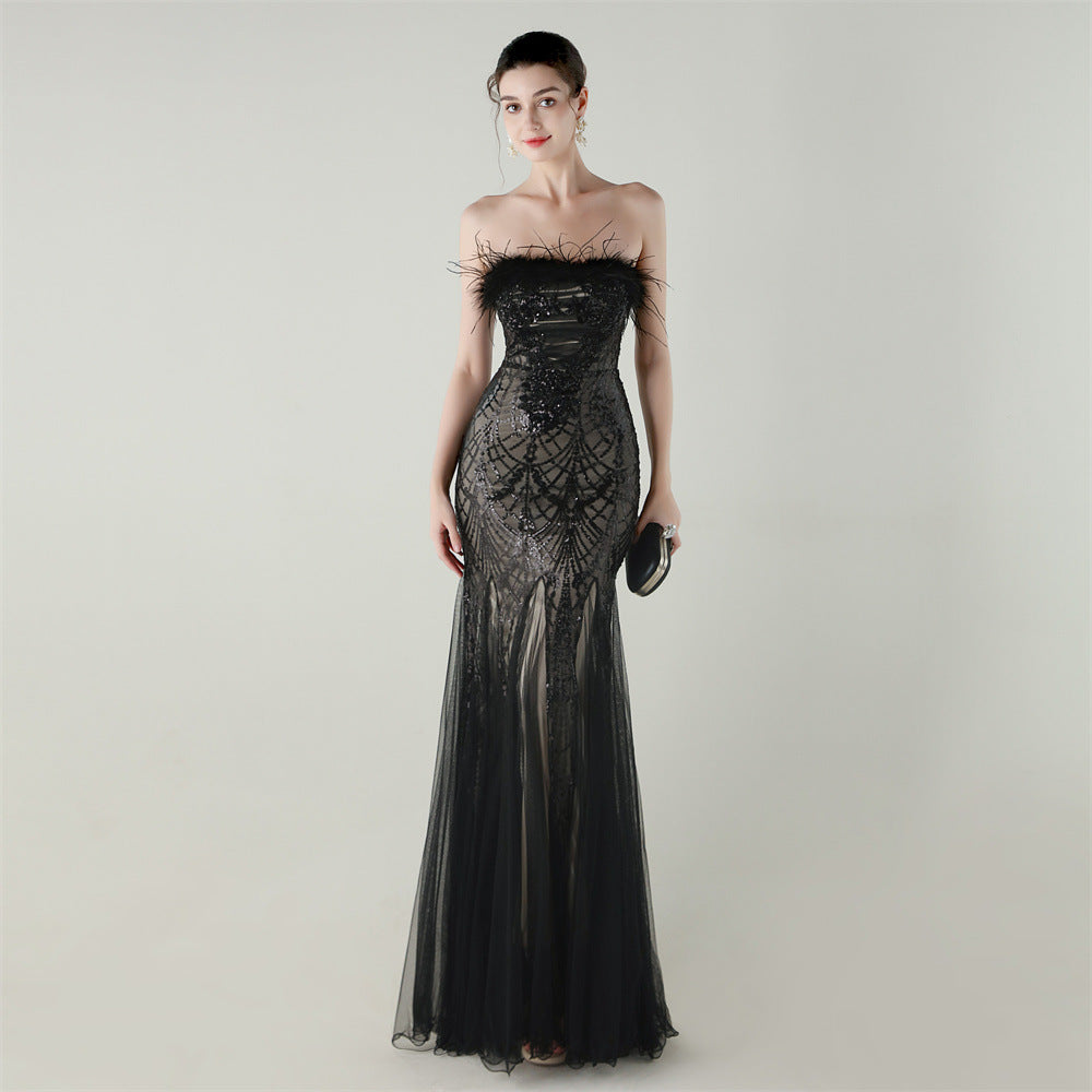 Women sequined tube flower ostrich feather Strapless cross Lace-Up Mesh Formal Party fishtail evening dress 13
