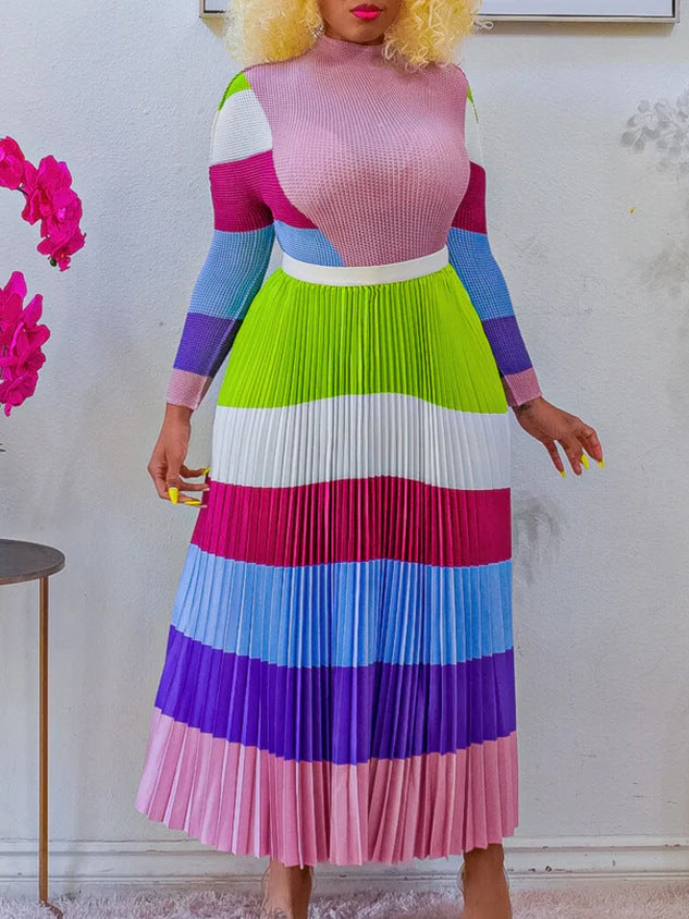 Women Autumn Pleated Print Contrast Color Long-sleeved Top and Skirt Two-Piece Set 8