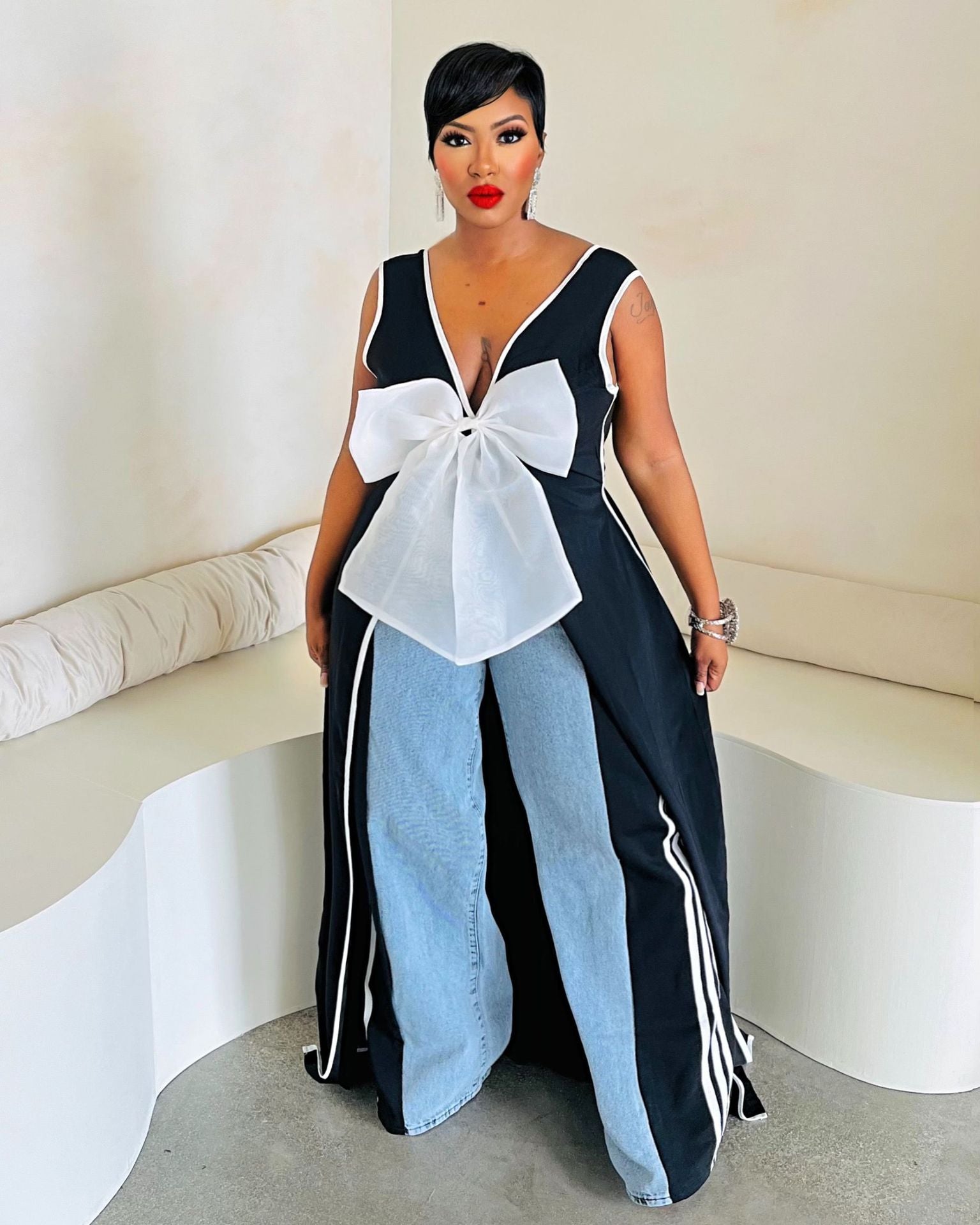 Women Sexy V Neck Big Bow Slit Dress