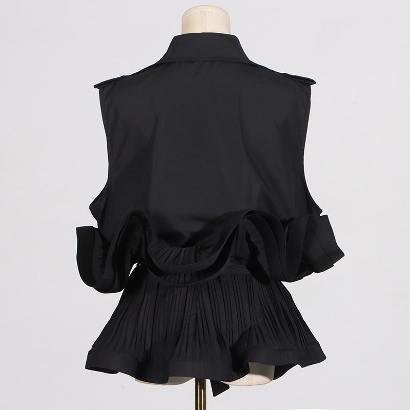 Spring Summer Fashionable Chic Khaki V-Neck Pleated Patchwork Sleeveless Lace-Up Women's Shirt 15