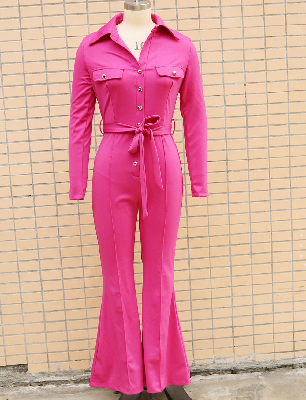 Women Turndown Collar Long Sleeve Bell-Bottom Jumpsuit 18