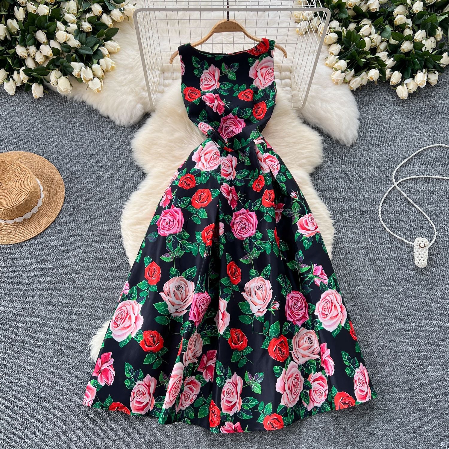 Fashion Printed Round Neck Slim Waist Pleated Flare Sleeveless Mini Dress 18