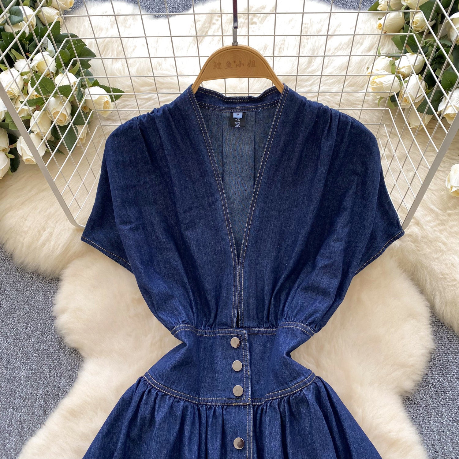 Women's Summer Deep V neck Slim Waist Buttoned Pleated Casual Denim Dress 4