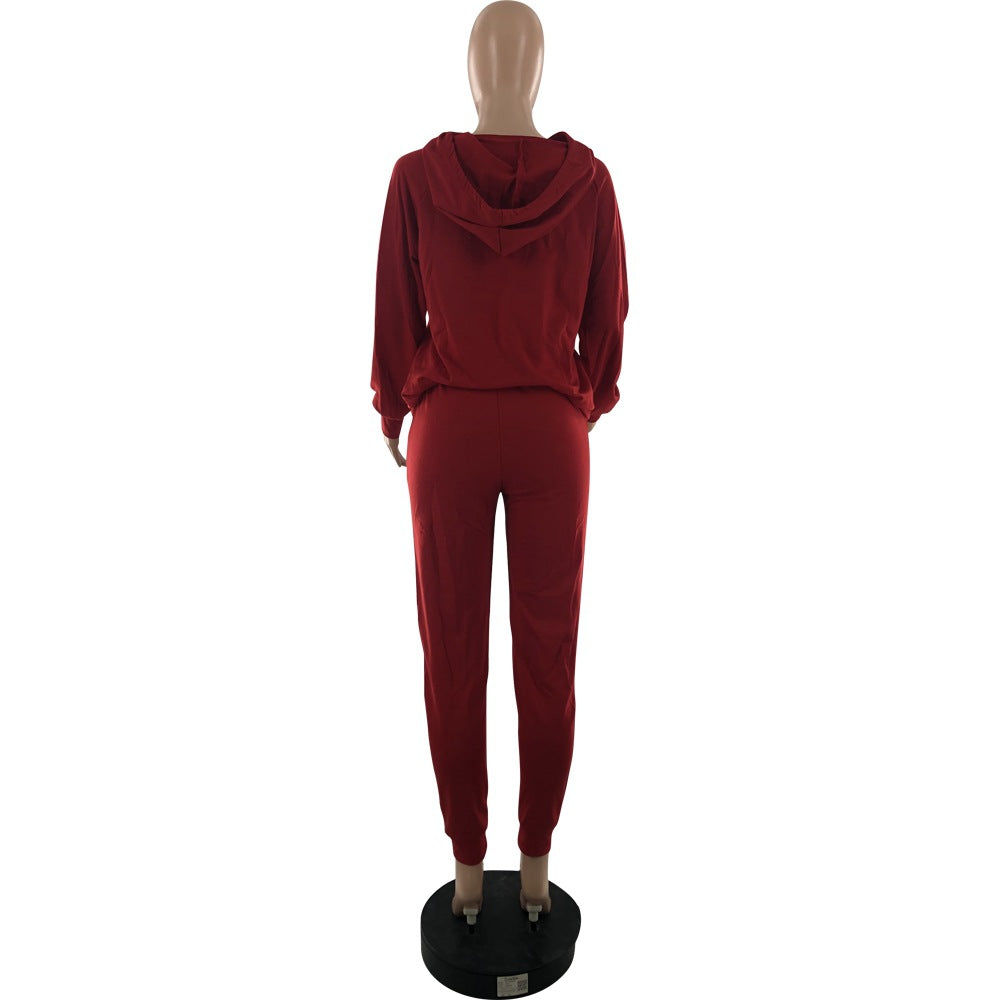 Women Casual Solid Long Sleeve Hooded Top+Pant Two Piece 16