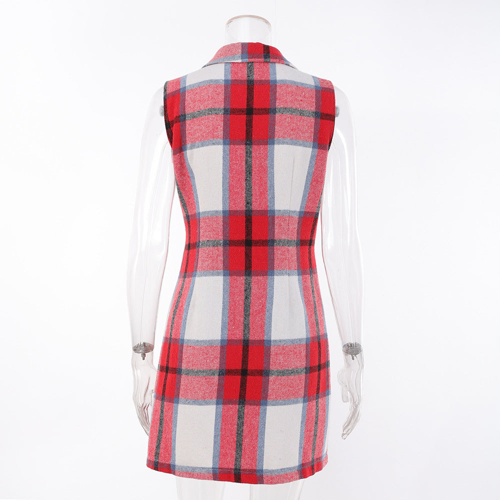 Women's Fashion Plaid Long Vest Turndown Collar Sleeveless Blazer 39