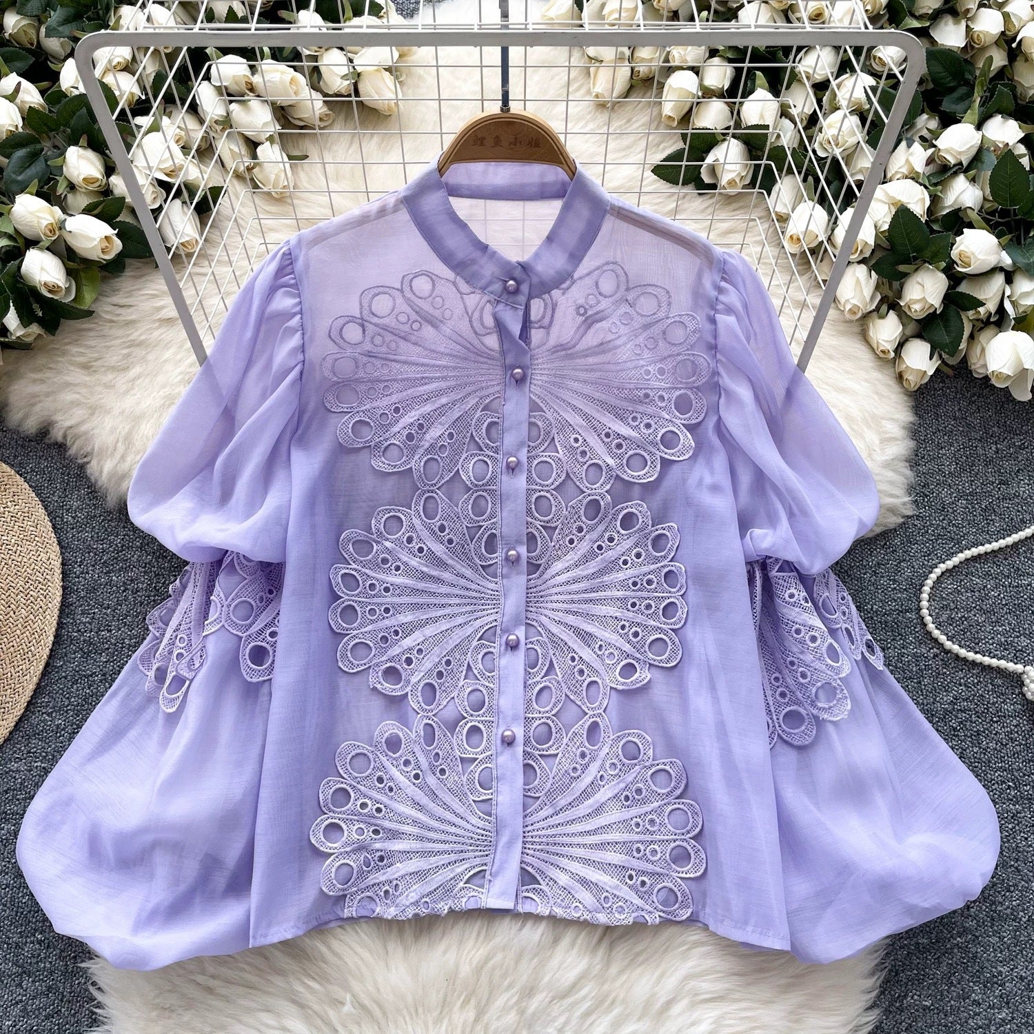 Women Stand Collar Lantern Sleeve Embroidered Openwork Lace Crop Top 9