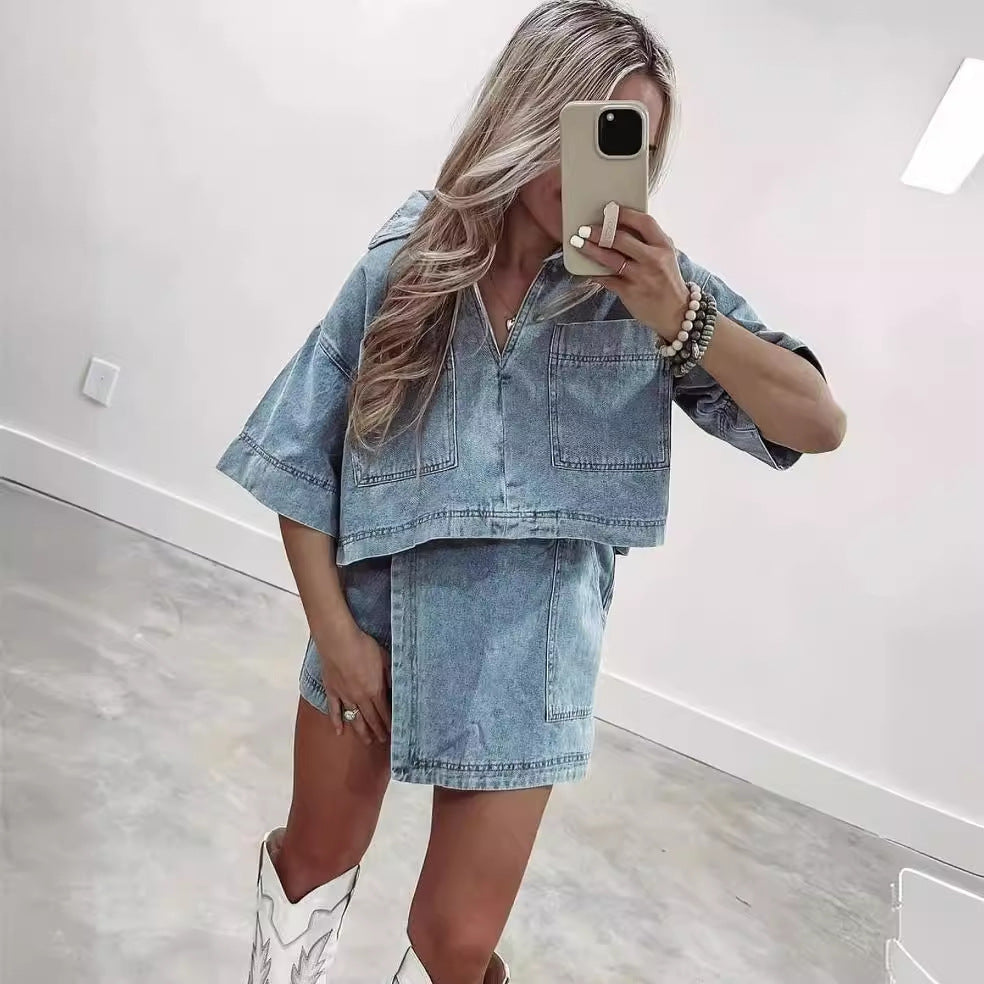 Women Casual Denim Polo Short Sleeve Shirt Irregular Skirt Pants Two-piece Set 4