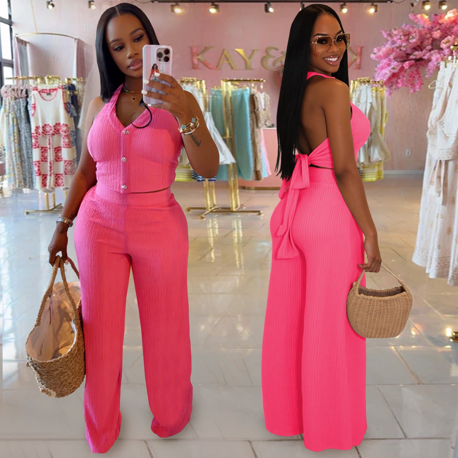 Fashion Women's Casual Halter Neck Lace-Up Top & Pants Two-Piece Set 10