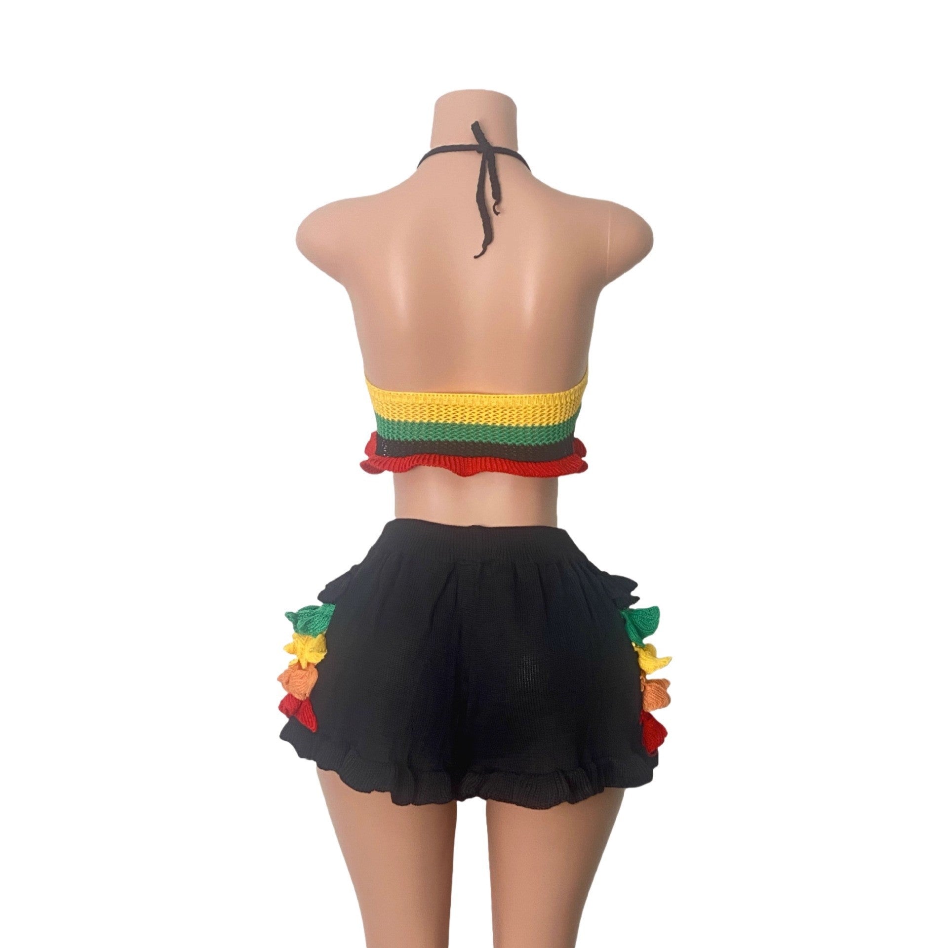 Women Multi-Color Striped Knitting Halter Neck Top and Ruffle Shorts Two-Piece Set 15