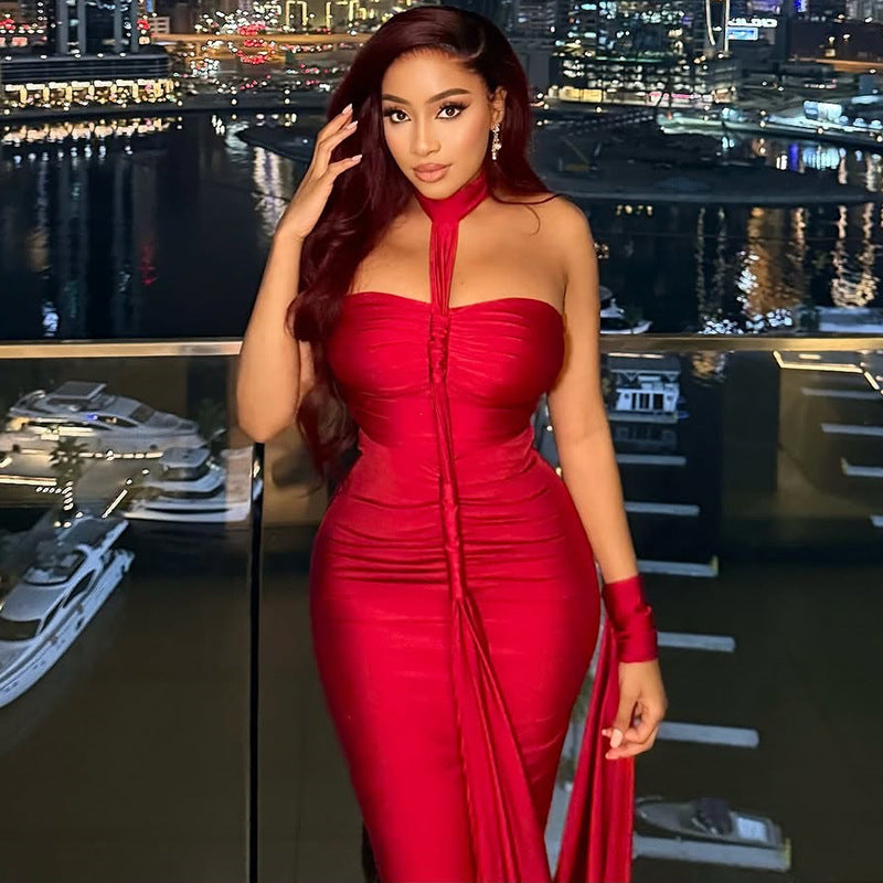 Solid color chic women's clothing low back strapless halter neck long dress formal party gown 4