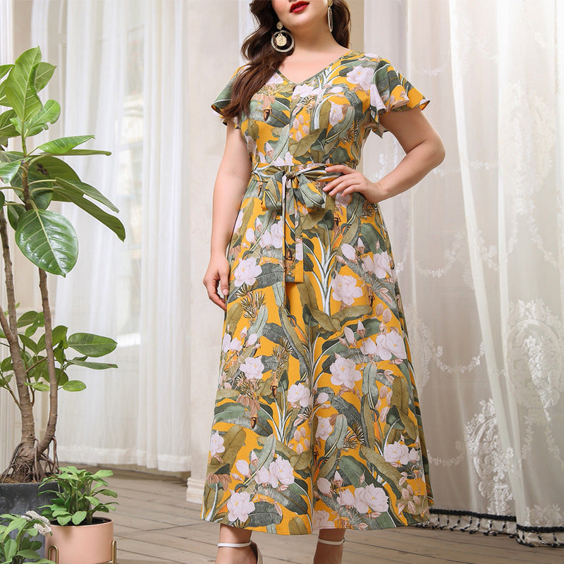 Plus Women Round Neck Single-breasted Printed Shirt Dress 5