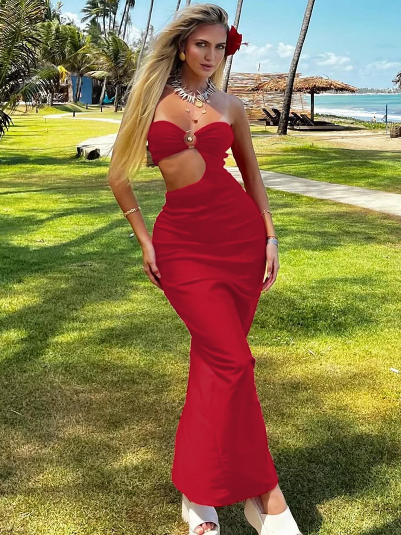 Women Summer Metal Decoration Patchwork Hollow Sexy Strapless Maxi Dress 3