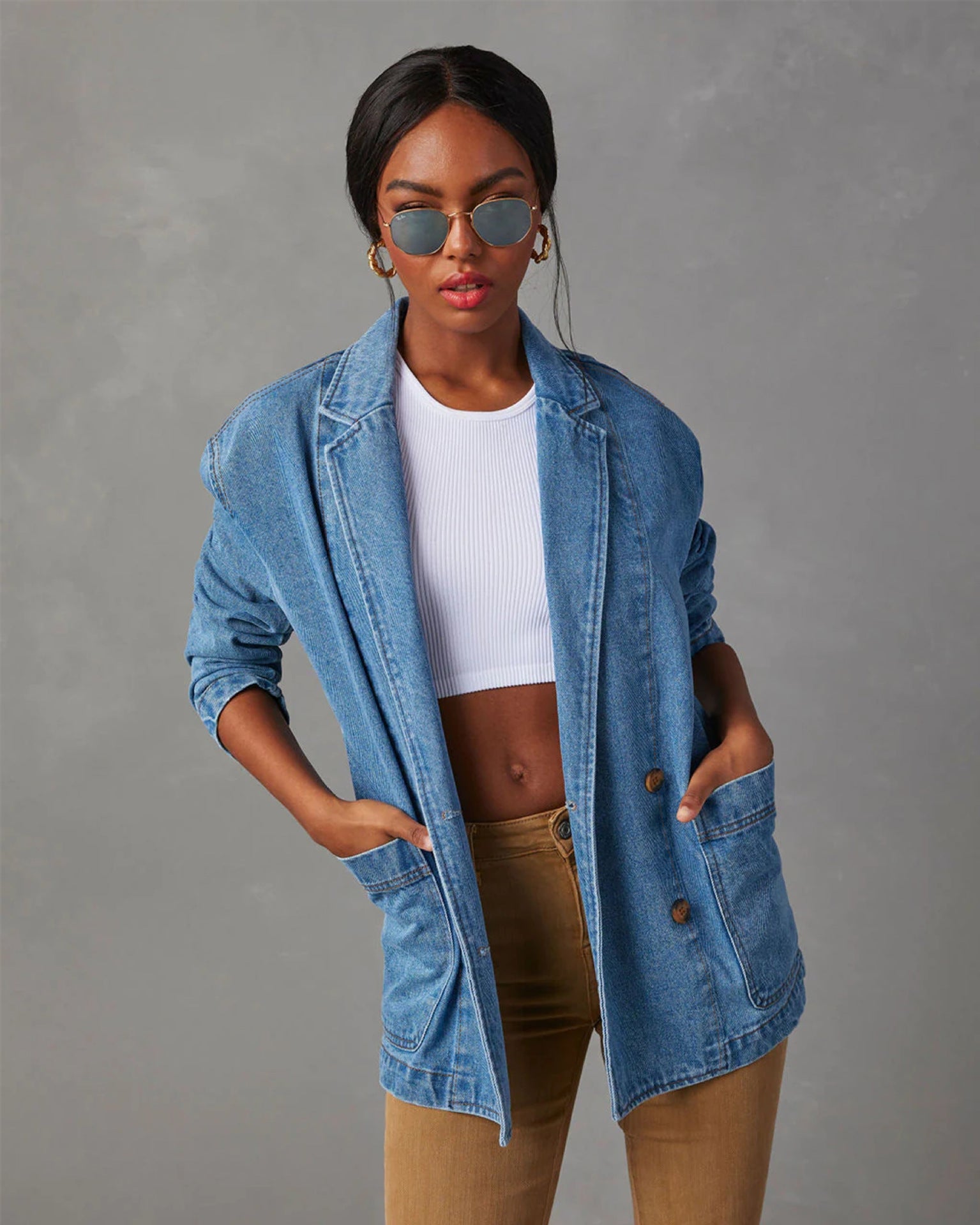 Retro Light Blue Turndown Collar Washed Denim Jacket