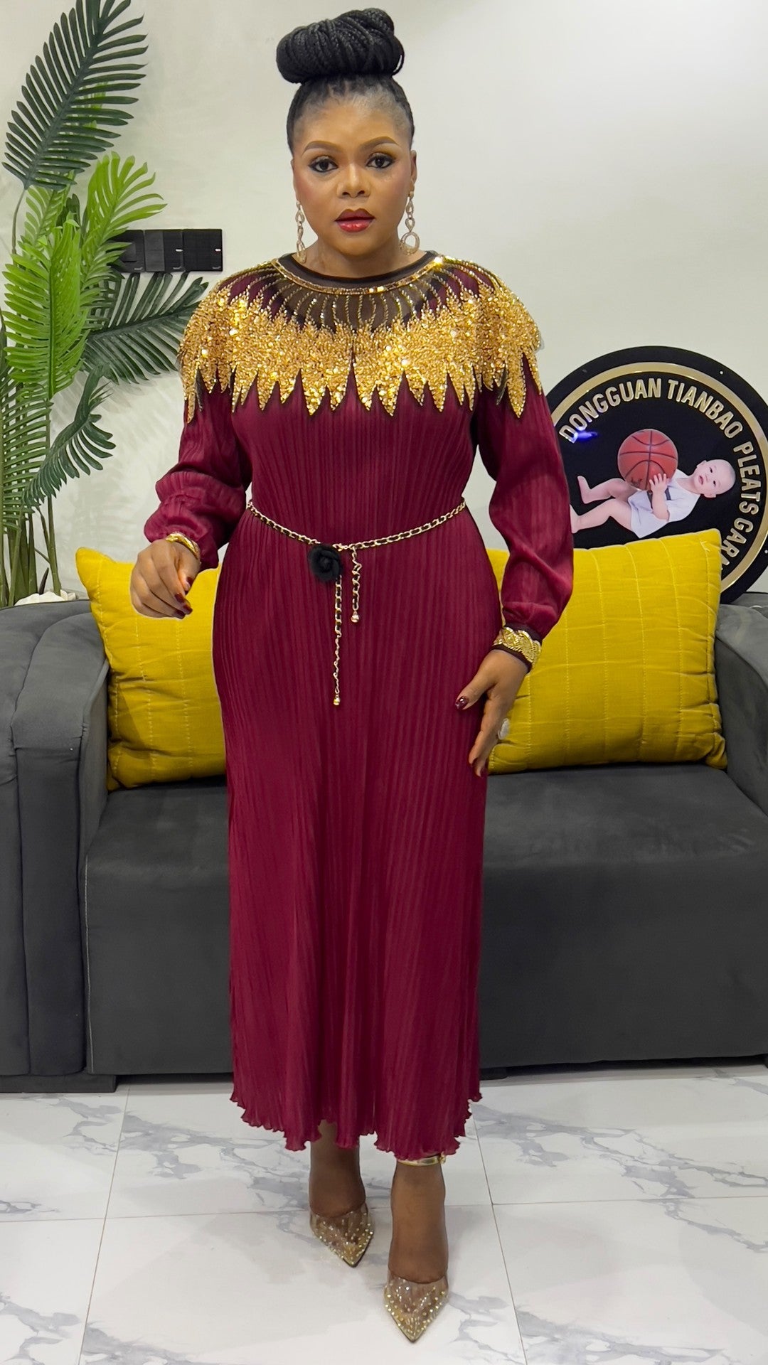 Luxury Sequin Cape Patch Slim Waist Pleated Loose Long Dress 11