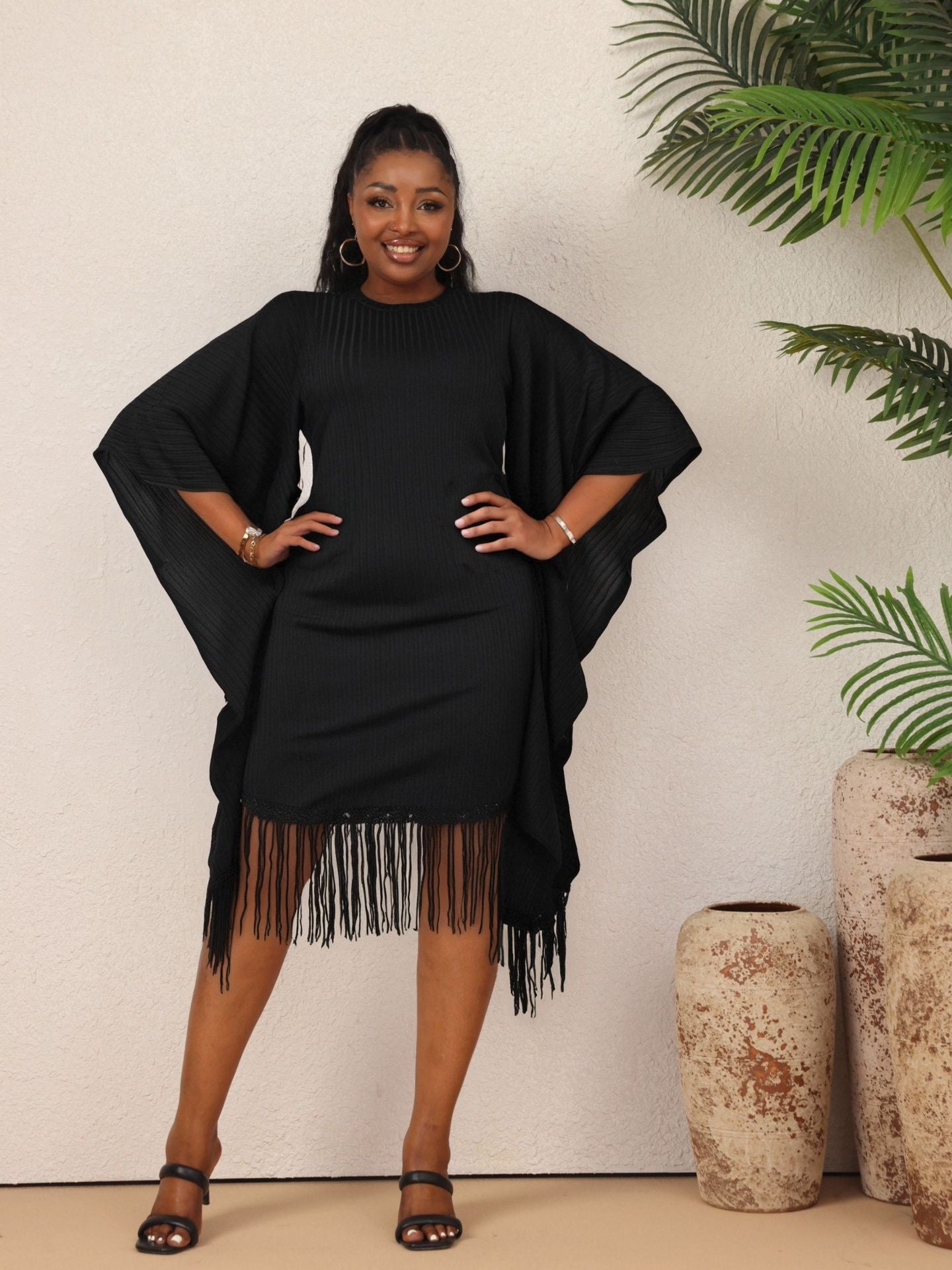 Three Quarter Sleeve Elegant Tassel Bat Sleeve Plus Size Dress 15