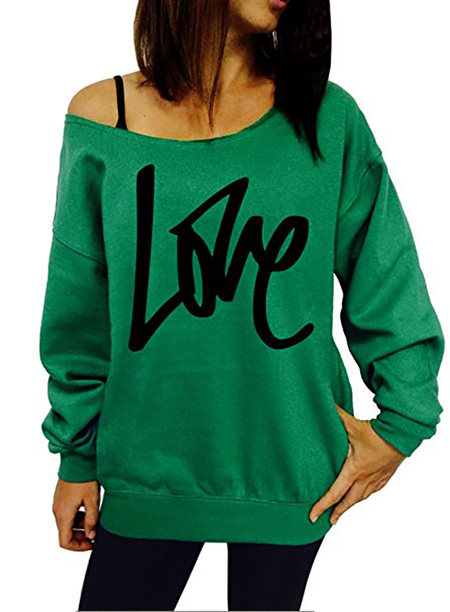 Love Letter Printed Long Sleeve T-Shirt Sexy Off-Shoulder Women's Top 14