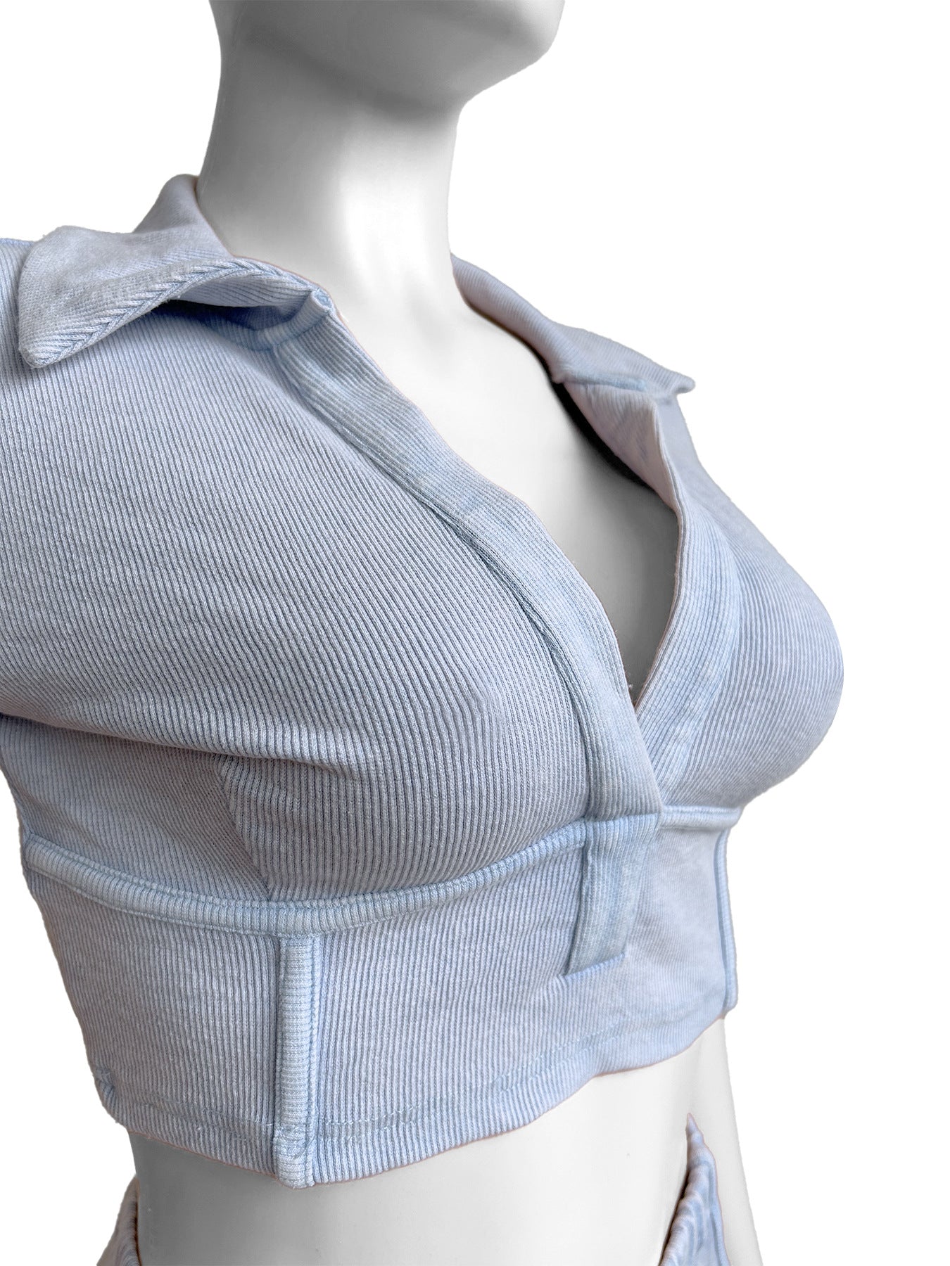 Women Washed and distressed Turndown Collar V Neck two-piece set 11