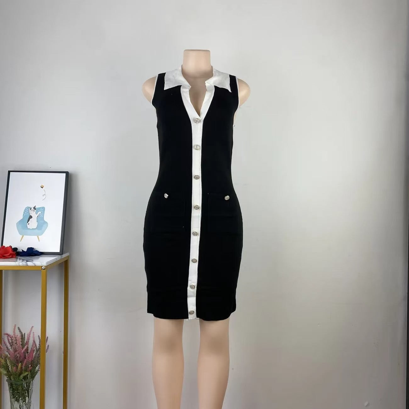 Women French Contrast Sleeveless Turndown Collar Knitting Dress 3