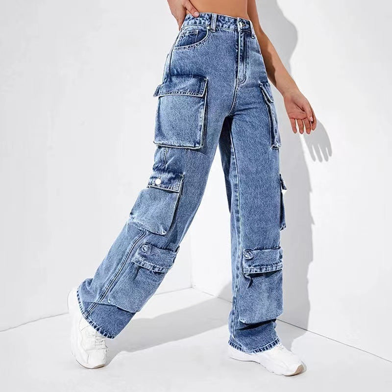 Women's High Waist Pocket Loose Cargo Denim Pants 6