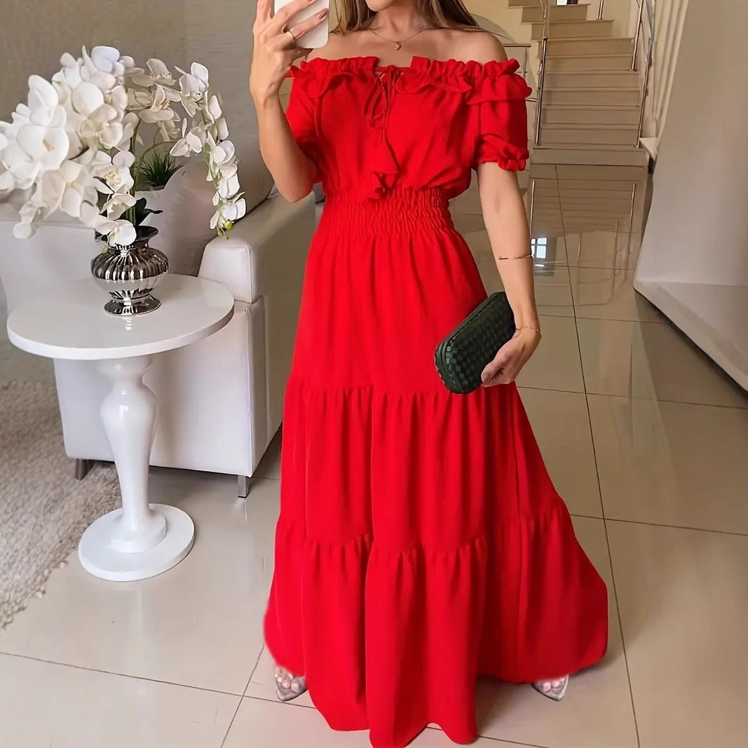 Fashionable Women's Solid Color Tie Ruffle Off-Shoulder Puff Sleeve Maxi Dress 5