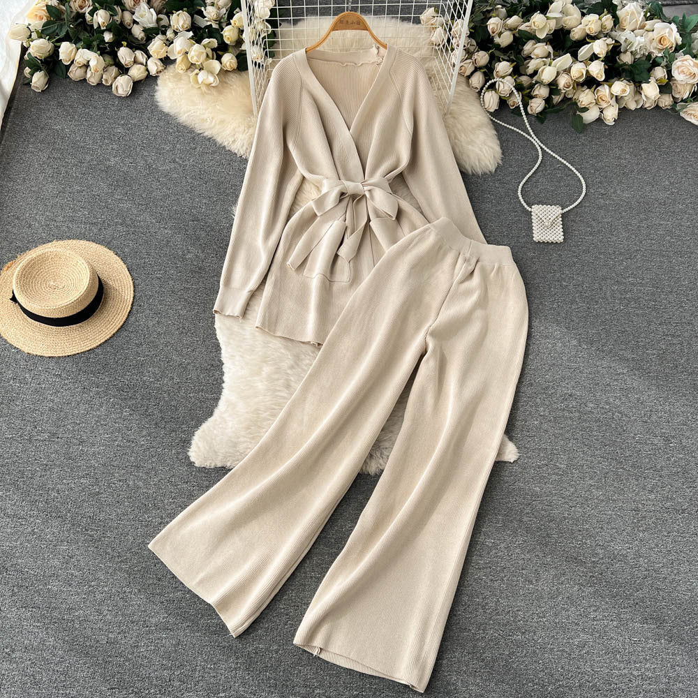 Women autumn lace-up long-sleeved knitting cardigan jacket and loose wide-leg pants two-piece set 15