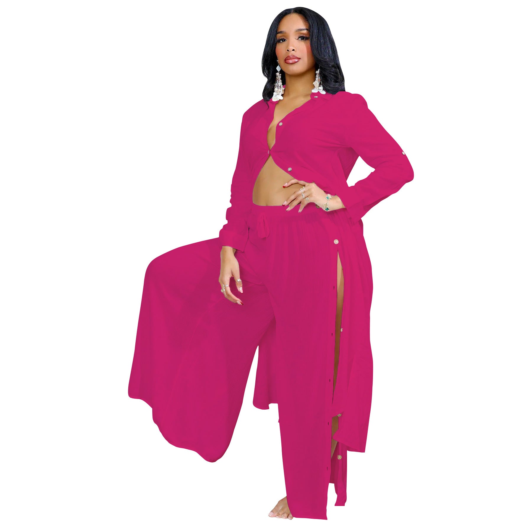 Women Solid Long Sleeve Top and Slit Skirt 2-piece set 8