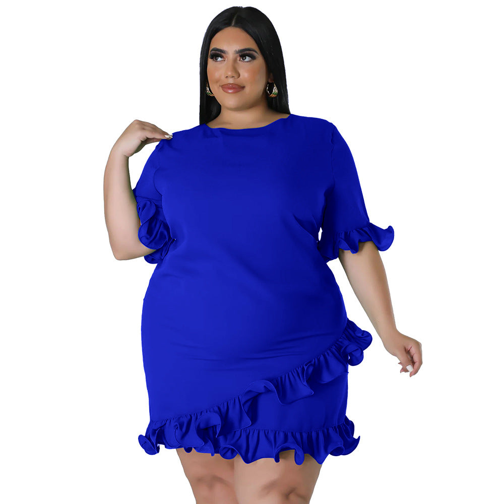 Plus Size Women's Fashion Fit Round Neck Solid Ruffle Casual Dress 8