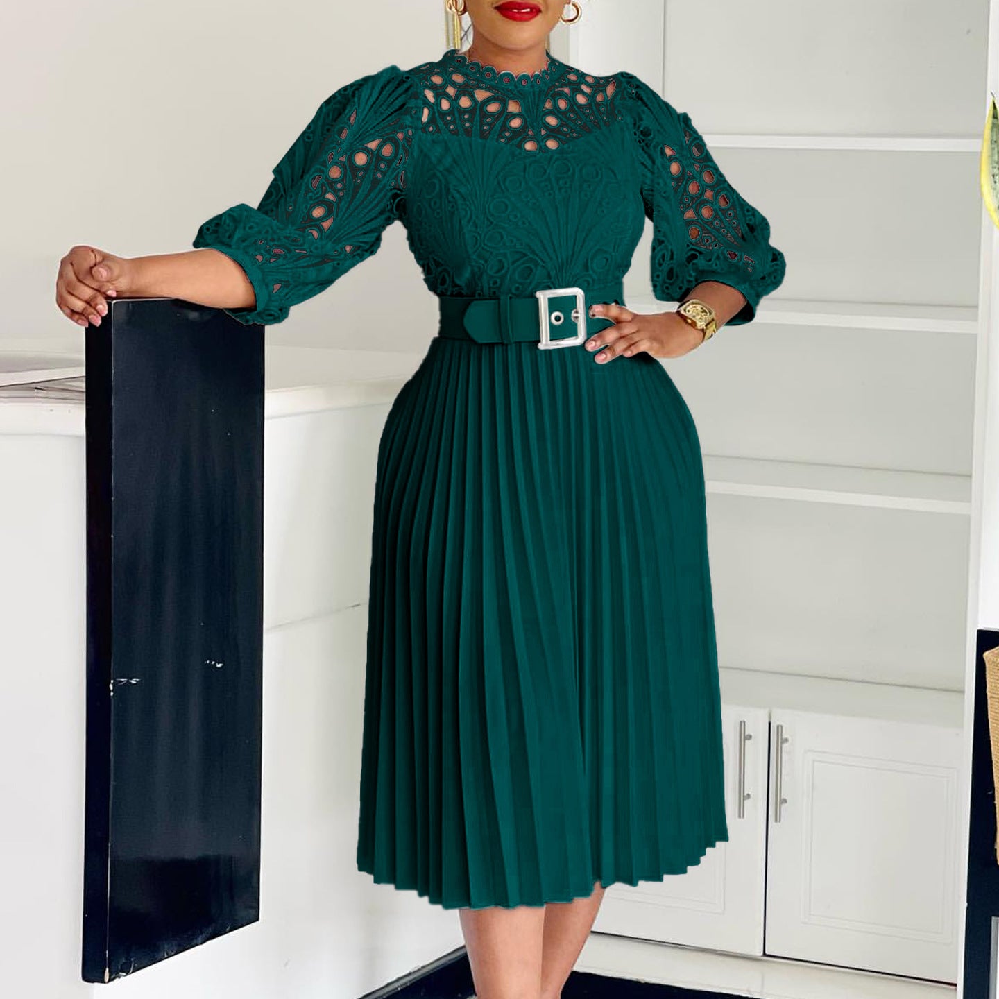 Women Solid lace hook flower hollow pleated dress 5