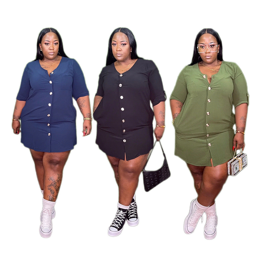 Plus Size Women Solid Loose Pocket Dress 14