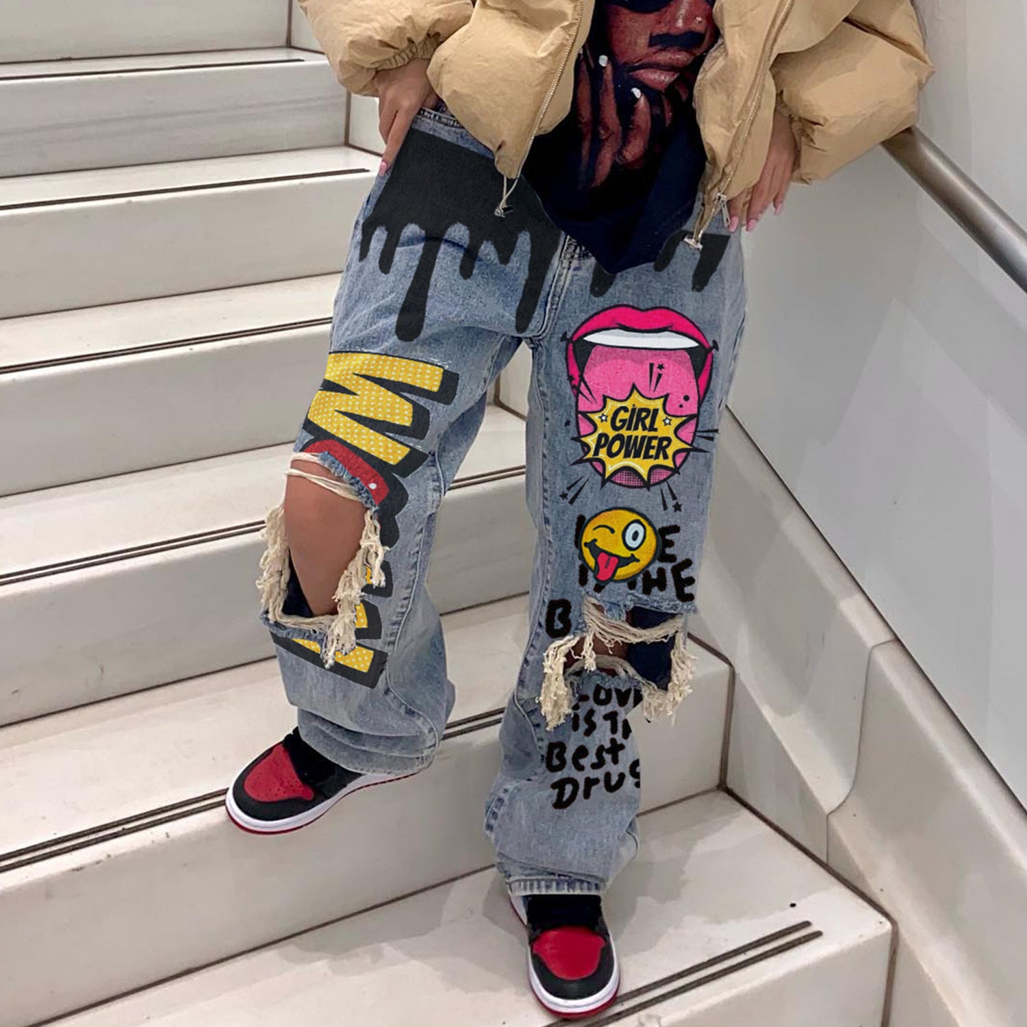 Women Ripped Print Crago Denim Pants