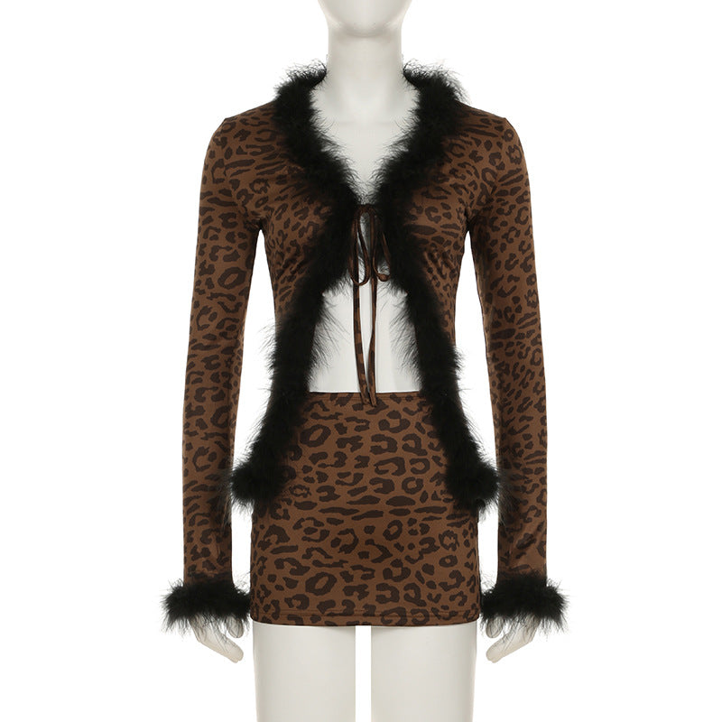 Fashionable Sexy Fur Patchwork Leopard Print Long-Sleeved Top Slim Mini Skirt Two-Piece Set 6