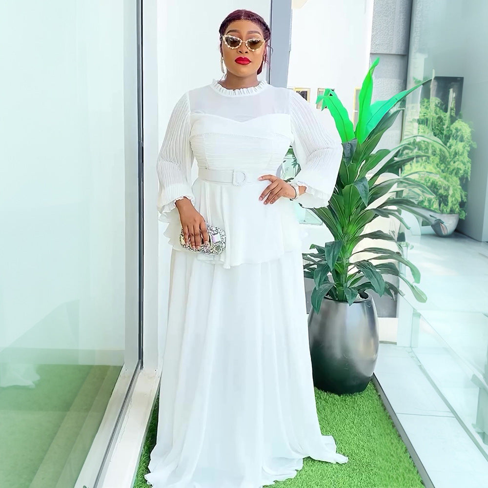 Plus Size African Women ruffle patchwork pleated long-sleeved dress 4