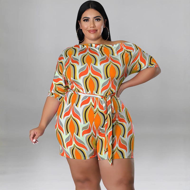 Plus Size Women's Summer Slash Shoulder Print Short Sleeve Jumpsuit With Belt 5