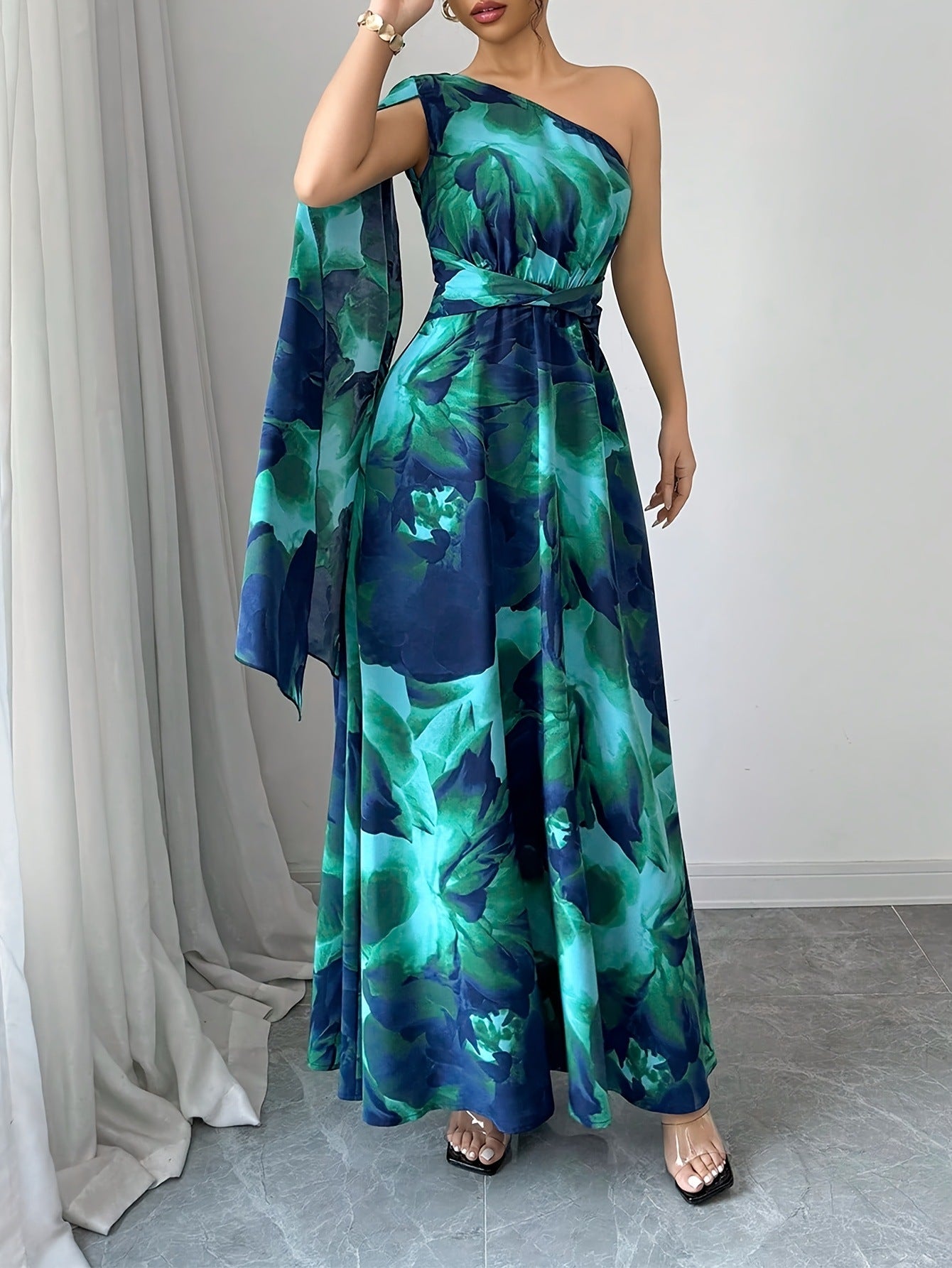 Summer Womenƒ??s Fashion Gradient Print Asymmetric Neck Long Dress 4
