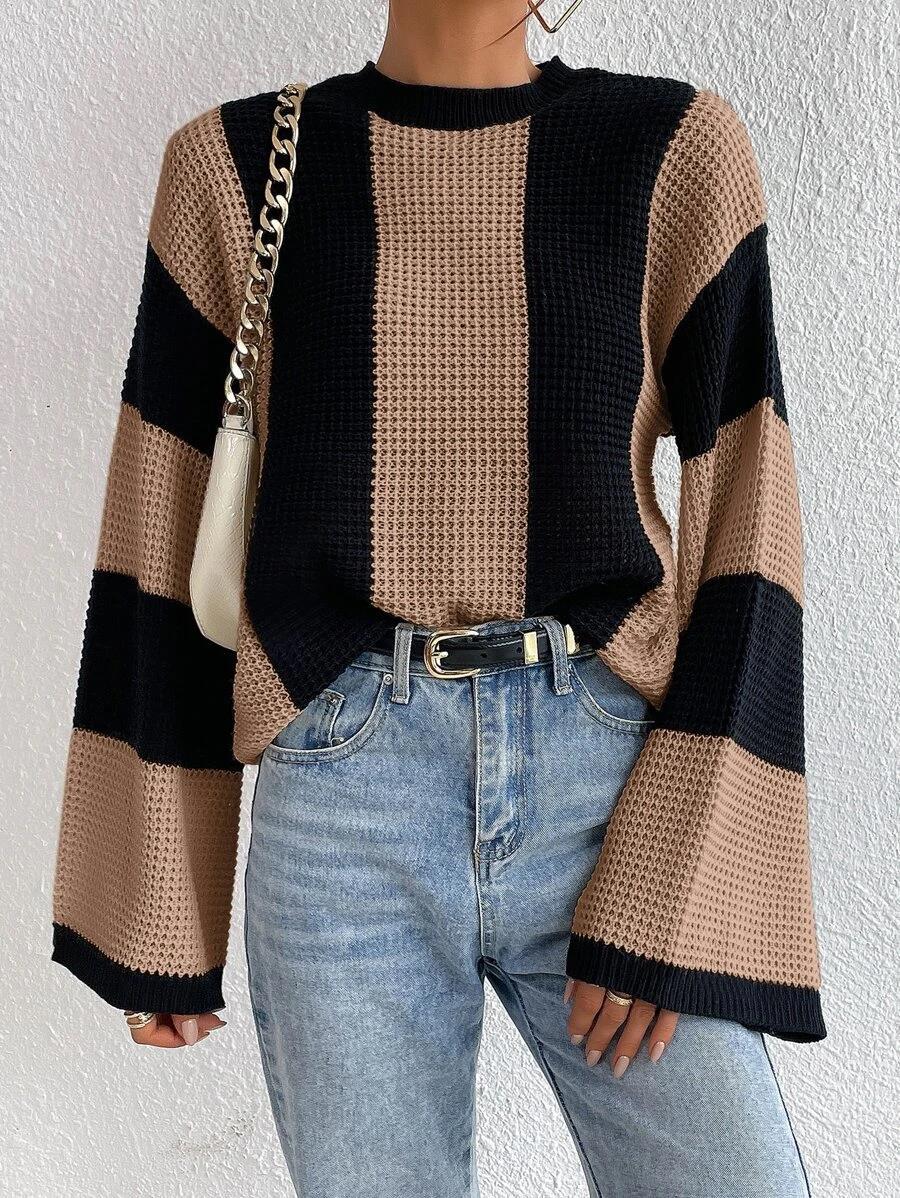 Spring And Autumn Trendy Knitting Sweater Top Round Neck Striped Sweater Jacket For Women 3