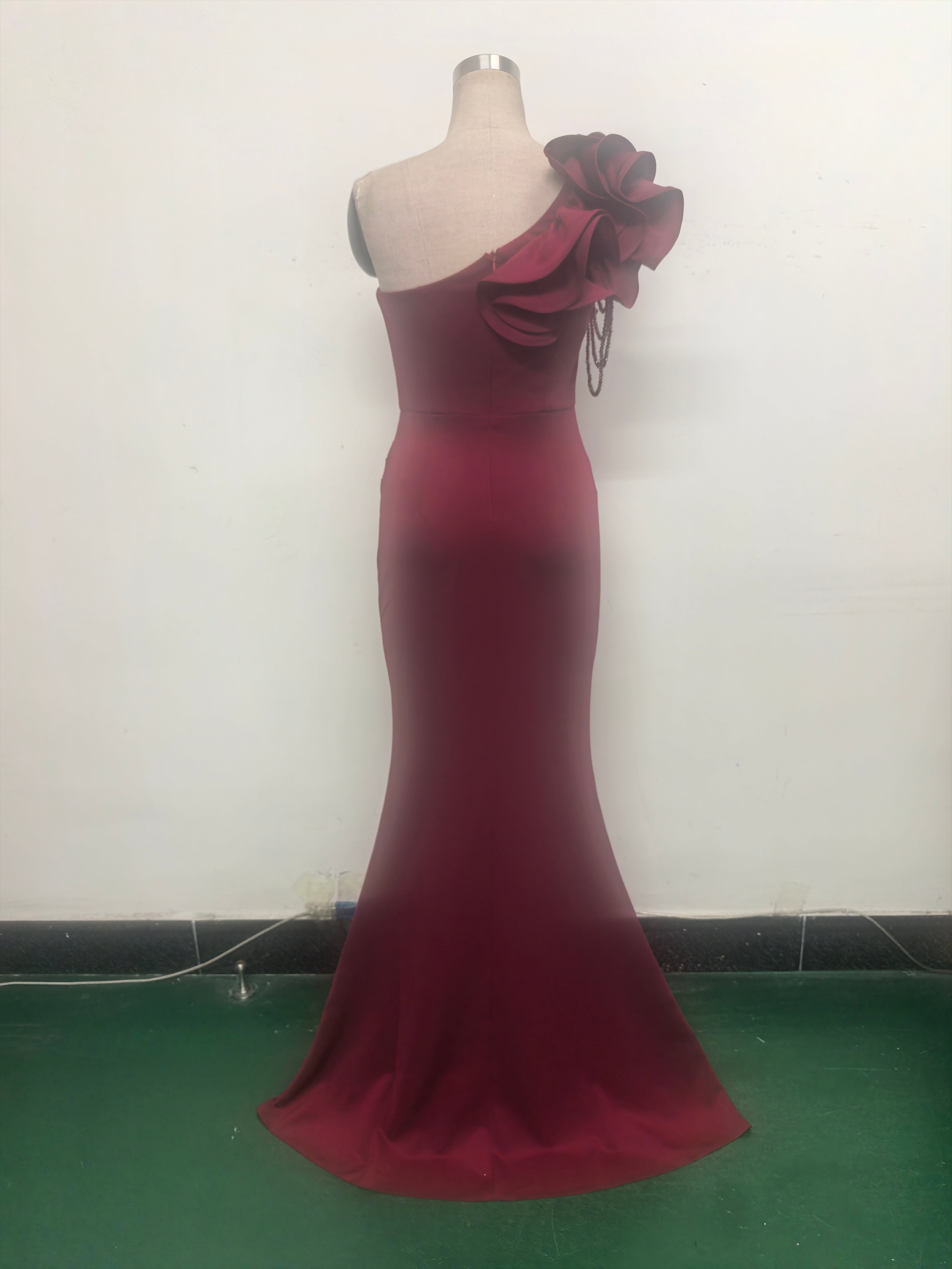 Women One-Shoulder Beaded Wool and Floral Satin Slit Sexy Evening Dress 14