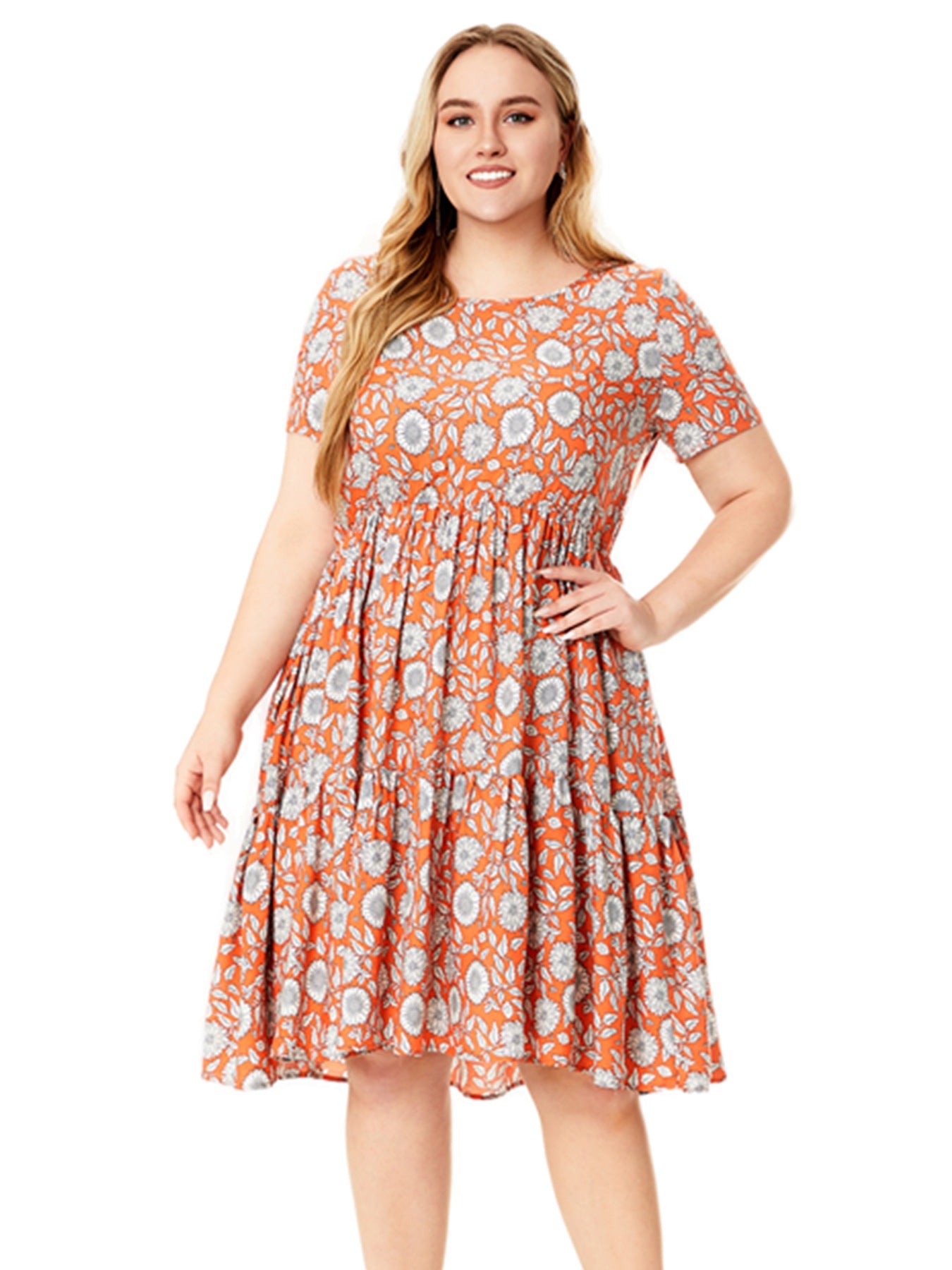 Plus Size Women Summer Round Neck Short Sleeve Printed Dress 6