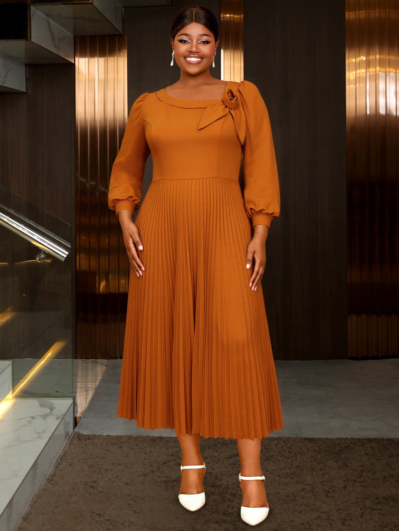 Plus-Size Women Elegant Brown Long-Sleeved Slash Shoulder Floral Pleated Evening Dress