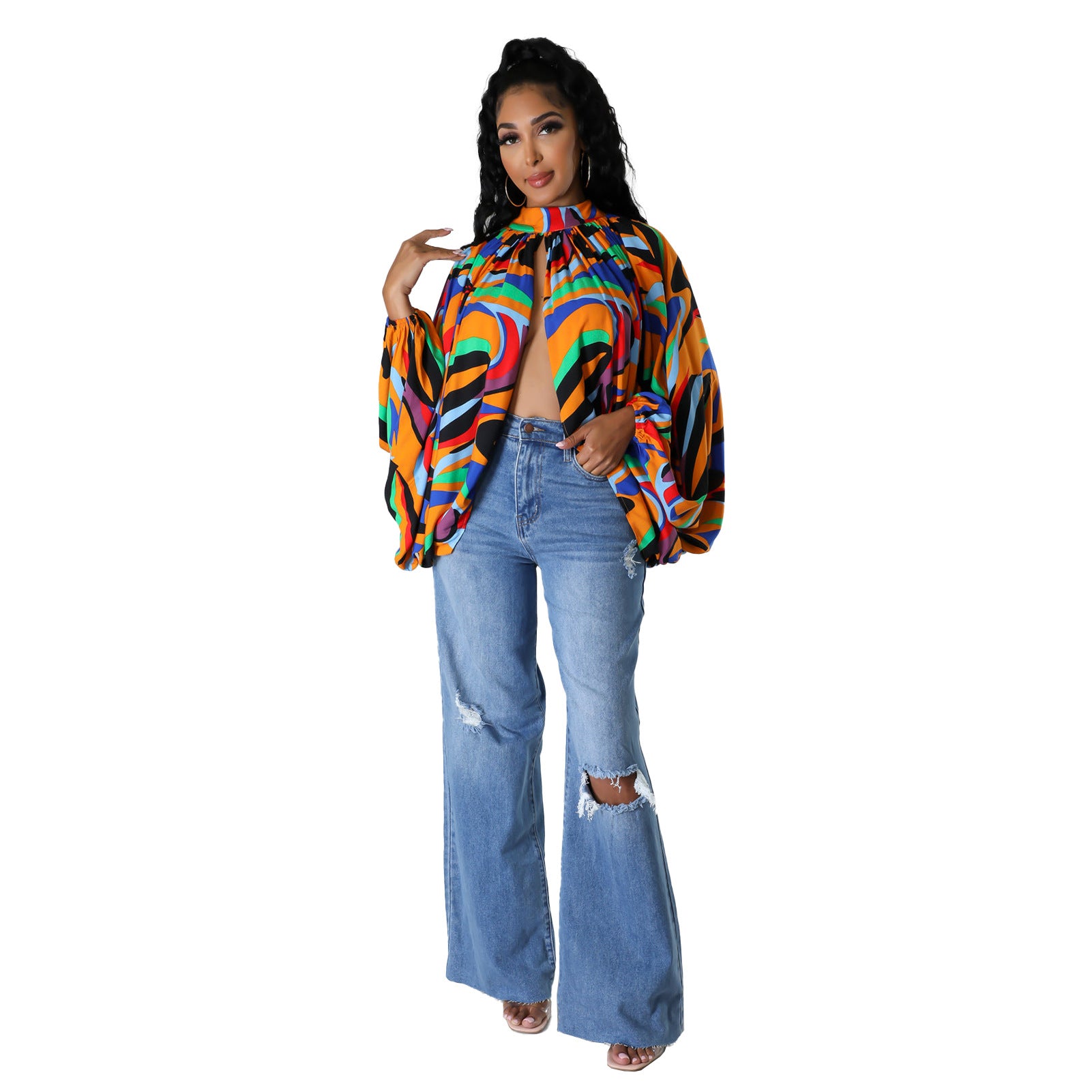 Women Buttoned Printed Bat Sleeves Shirt 9