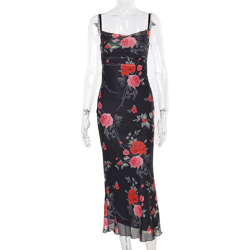 Women Spring Retro Flower Strap Bodycon Maxi Dress 9