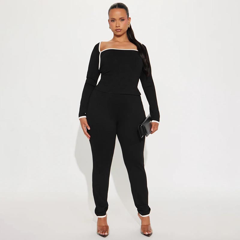 Women's Autumn Winter Solid Color Patchwork Color Block Trim Long Sleeve Top Slim Pants Set 11