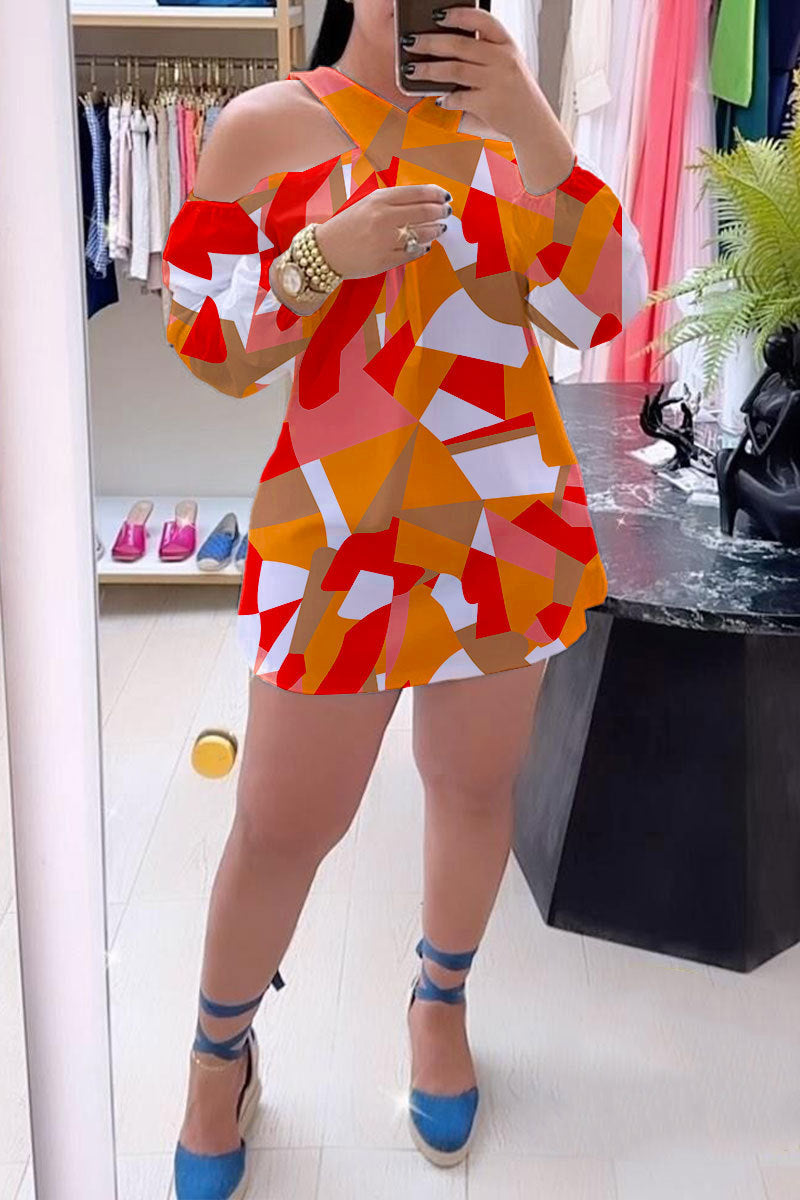 Printed Hollow Cross Neck Cutout Casual Dress 4