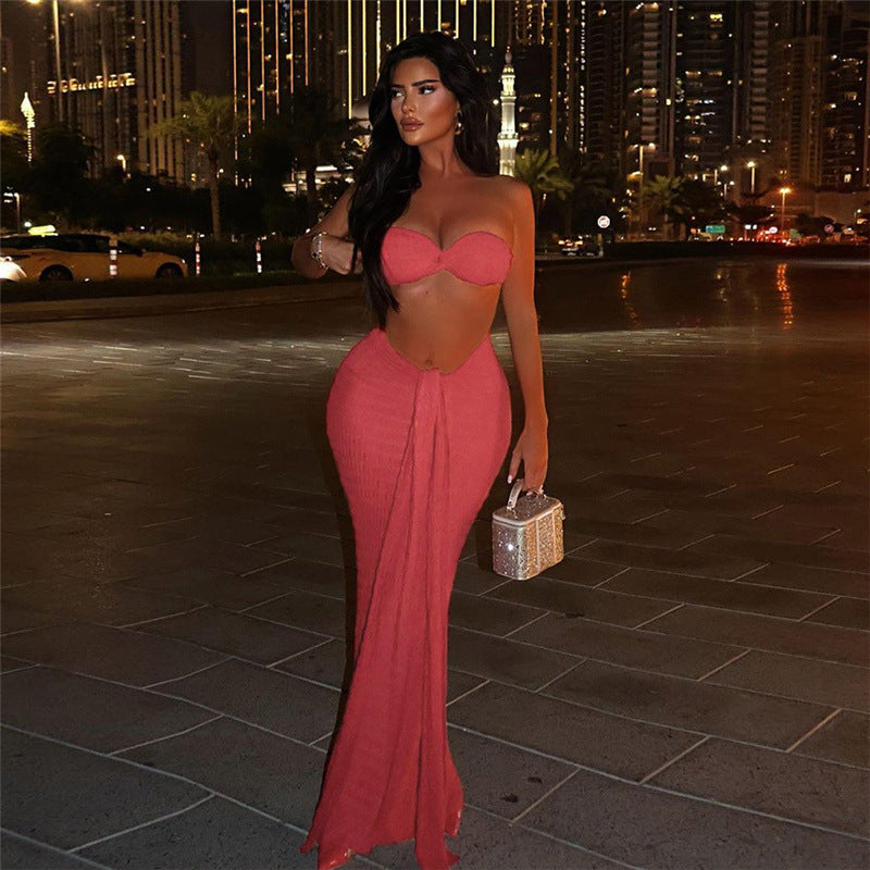Women Summer Sexy Strapless Top and Long Skirt Two-Piece Set 16