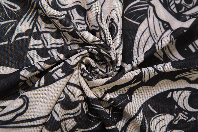 Women's Fall Fashion Style Mesh Print See-Through Turtleneck Slim Fit Dress 16