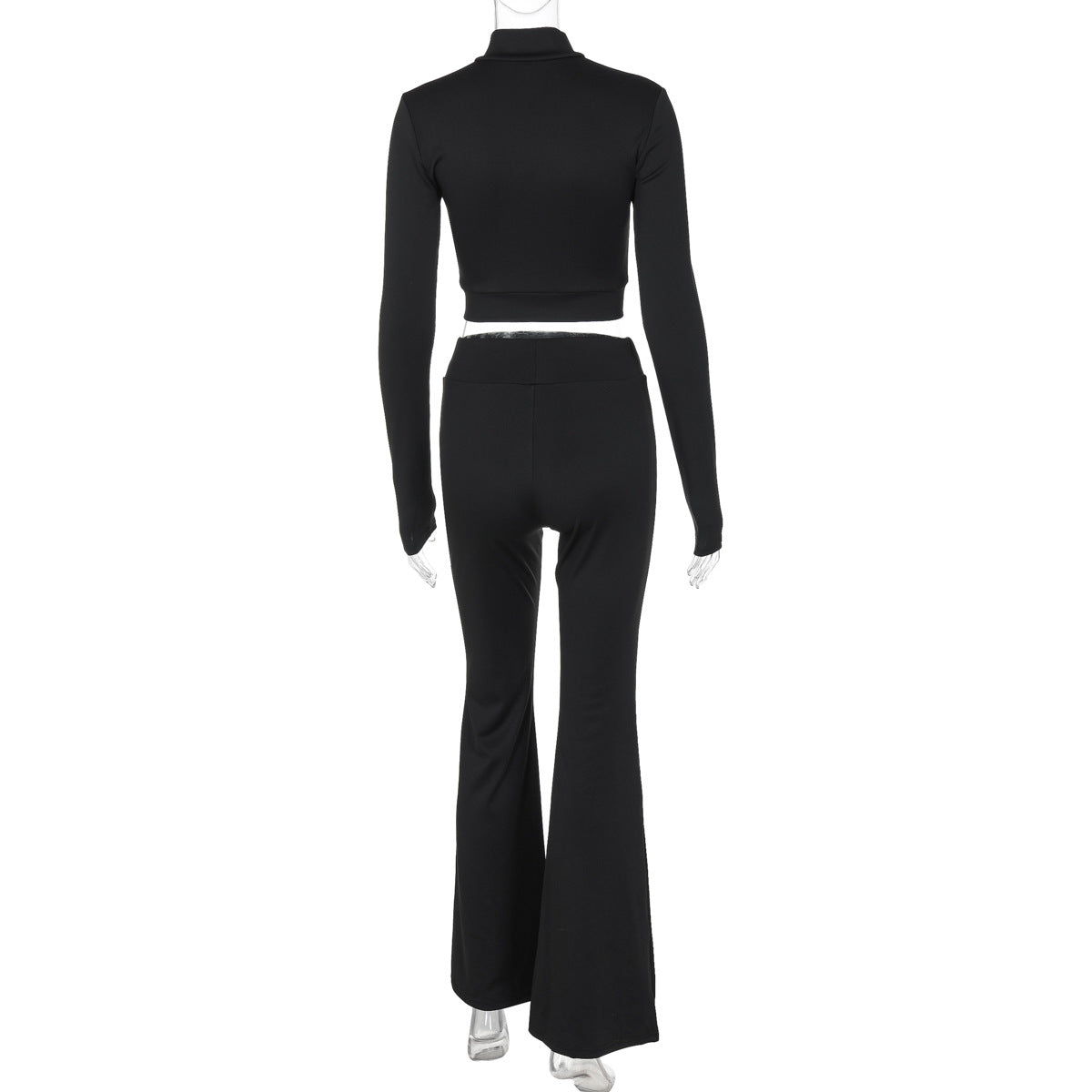 Women's autumn fashion Casual solid color zipper long sleeve top high waist Tight Fitting flared pants two piece set 6